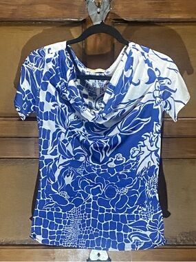 Emilio Pucci Blue & White Floral Cowl-Neck Blouse